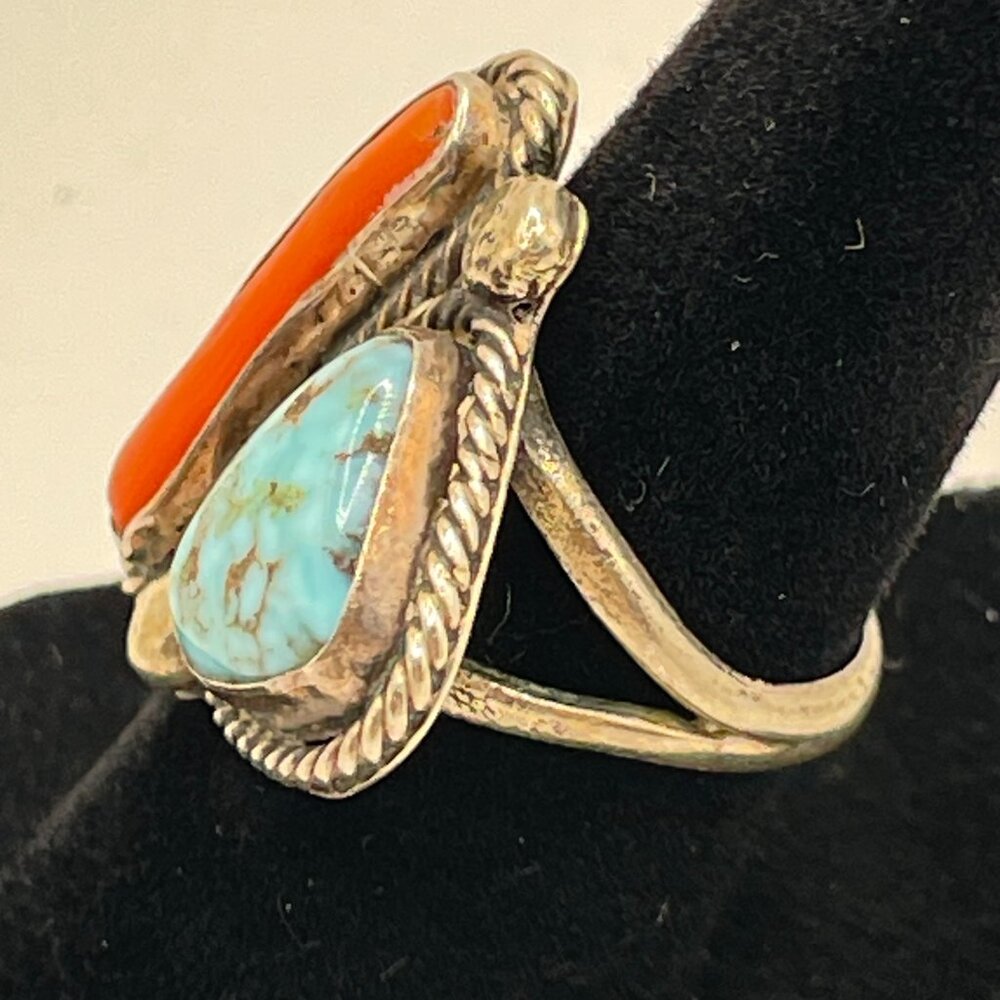 Vintage Signed Native American Silver Turquoise Coral Ring 5 1/2 - Picture 7 of 15